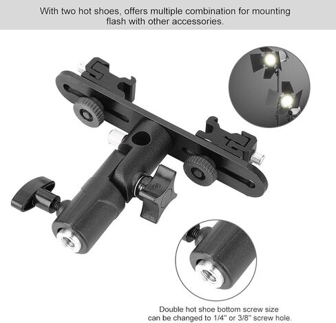 Dual Hot Shoe Flash Bracket, Adjustable Mount Holder with 2 Hot Shoes for Camera Video Camcorder, Lightweight Sturdy Metal in Kuwait