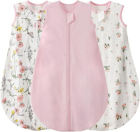 Duomiaomiao 3 Pack Baby Sleep Sack 100% Organic Cotton Wearable Blanket Lightweight Breathable Comfy Toddler Sleeping Bag (0.5tog Flowers, Small) in Kuwait