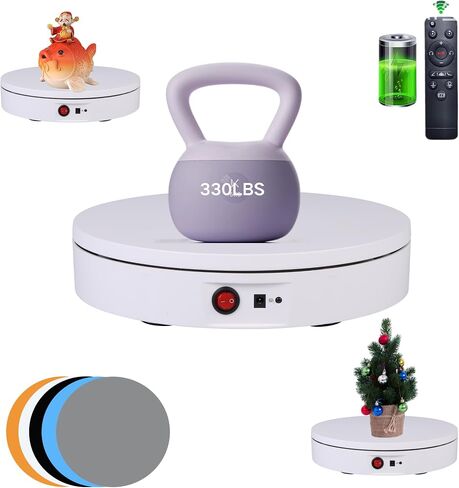 JAYEGT Motorized Rotating Display Stand，330 Lbs Load，360 Degree Electric Rotating Photography Turntable For Products Display，Video Show, Live Show，Remote Control +5 Colors Backgrounds(White / 11.8inch / Rechargeable) in Kuwait