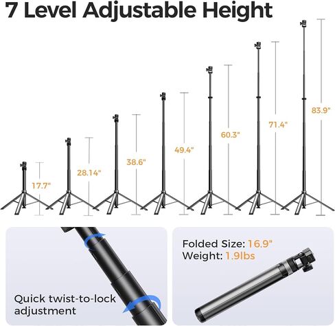 Leekai Auto Pop-Up Light Stand, 83.9''/213cm Aluminum Alloy Adjustable Tripod, Extendable Camera Phone Tripod with Extra 1/4" Screw for Travel, DSLR Camera, Ring Light, Video Rig, Max Load 20 lbs in Kuwait