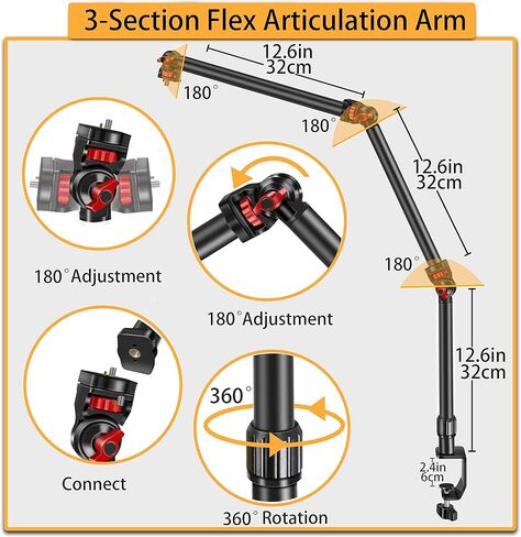 Overhead Camera Mount Desk Stand, 3-Section Detachable Articulating Arm | with 1/4“ 3/8" 5/8" Screw&360° Ball Head, C-clamp Tabletop Mount for DSLR Camera/Webcam/Microphone/Lights in Kuwait