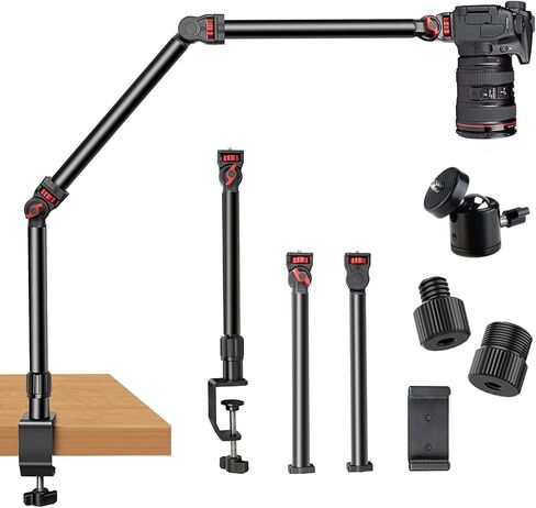 Overhead Camera Mount Desk Stand, 3-Section Detachable Articulating Arm | with 1/4“ 3/8" 5/8" Screw&360° Ball Head, C-clamp Tabletop Mount for DSLR Camera/Webcam/Microphone/Lights in Kuwait