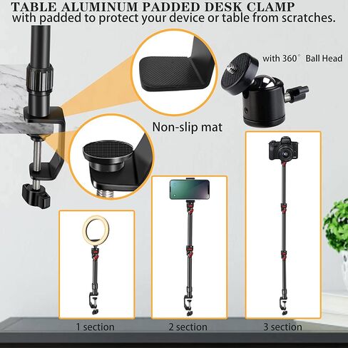 Overhead Camera Mount Desk Stand, 3-Section Detachable Articulating Arm | with 1/4“ 3/8" 5/8" Screw&360° Ball Head, C-clamp Tabletop Mount for DSLR Camera/Webcam/Microphone/Lights in Kuwait