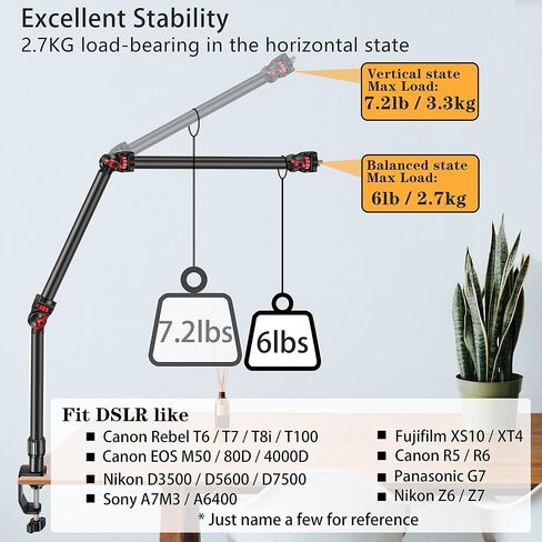 Overhead Camera Mount Desk Stand, 3-Section Detachable Articulating Arm | with 1/4“ 3/8" 5/8" Screw&360° Ball Head, C-clamp Tabletop Mount for DSLR Camera/Webcam/Microphone/Lights in Kuwait