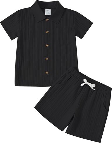 Jimonda Toddler Boy Clothes Short Sleeve Summer Outfit Set,Black 2-3T | Button-down,Shirt Tops+Shorts Set,2PCS,Elastic‑waist,Chest Pocket,Two Side Pockets,6M-6Y,Wrinkle free,Lightweight,Durable in Kuwait