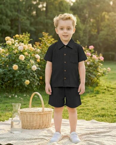 Jimonda Toddler Boy Clothes Short Sleeve Summer Outfit Set,Black 2-3T | Button-down,Shirt Tops+Shorts Set,2PCS,Elastic‑waist,Chest Pocket,Two Side Pockets,6M-6Y,Wrinkle free,Lightweight,Durable in Kuwait