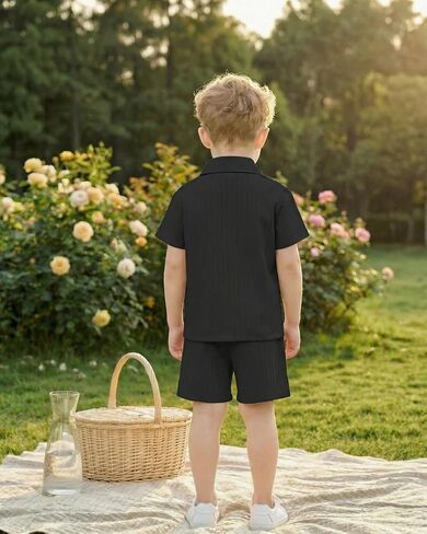 Jimonda Toddler Boy Clothes Short Sleeve Summer Outfit Set,Black 2-3T | Button-down,Shirt Tops+Shorts Set,2PCS,Elastic‑waist,Chest Pocket,Two Side Pockets,6M-6Y,Wrinkle free,Lightweight,Durable in Kuwait