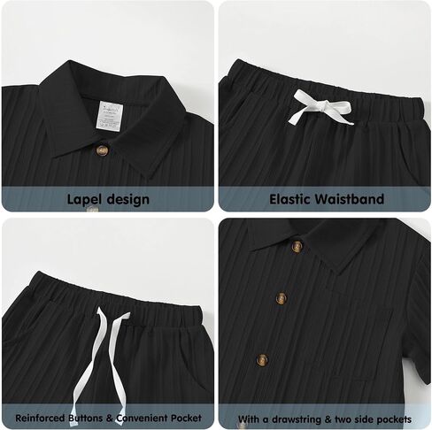 Jimonda Toddler Boy Clothes Short Sleeve Summer Outfit Set,Black 2-3T | Button-down,Shirt Tops+Shorts Set,2PCS,Elastic‑waist,Chest Pocket,Two Side Pockets,6M-6Y,Wrinkle free,Lightweight,Durable in Kuwait