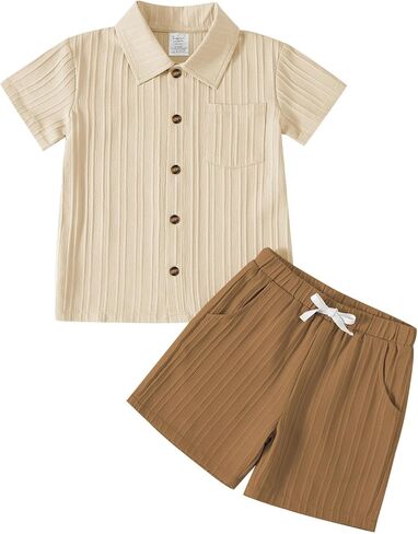 Jimonda Toddler Boy Clothes Short Sleeve Summer Outfit Set,Apri-Khaki 5-6Y | Button-down,Shirt Tops+Shorts Set,2PCS,Elastic‑waist,Chest Pocket,Two Side Pockets,6M-6Y,Wrinkle free,Lightweight,Durable in Kuwait