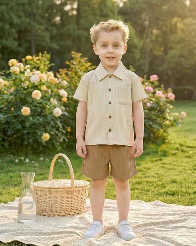 Jimonda Toddler Boy Clothes Short Sleeve Summer Outfit Set,Apri-Khaki 5-6Y | Button-down,Shirt Tops+Shorts Set,2PCS,Elastic‑waist,Chest Pocket,Two Side Pockets,6M-6Y,Wrinkle free,Lightweight,Durable in Kuwait