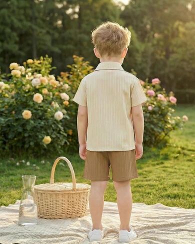 Jimonda Toddler Boy Clothes Short Sleeve Summer Outfit Set,Apri-Khaki 5-6Y | Button-down,Shirt Tops+Shorts Set,2PCS,Elastic‑waist,Chest Pocket,Two Side Pockets,6M-6Y,Wrinkle free,Lightweight,Durable in Kuwait