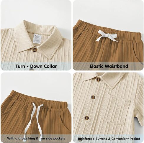 Jimonda Toddler Boy Clothes Short Sleeve Summer Outfit Set,Apri-Khaki 5-6Y | Button-down,Shirt Tops+Shorts Set,2PCS,Elastic‑waist,Chest Pocket,Two Side Pockets,6M-6Y,Wrinkle free,Lightweight,Durable in Kuwait