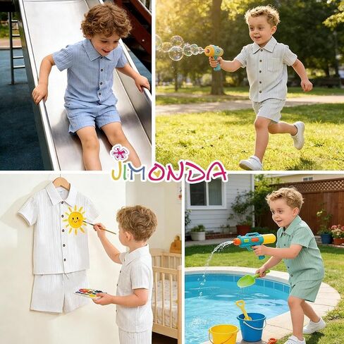 Jimonda Toddler Boy Clothes Short Sleeve Summer Outfit Set,Apri-Khaki 5-6Y | Button-down,Shirt Tops+Shorts Set,2PCS,Elastic‑waist,Chest Pocket,Two Side Pockets,6M-6Y,Wrinkle free,Lightweight,Durable in Kuwait