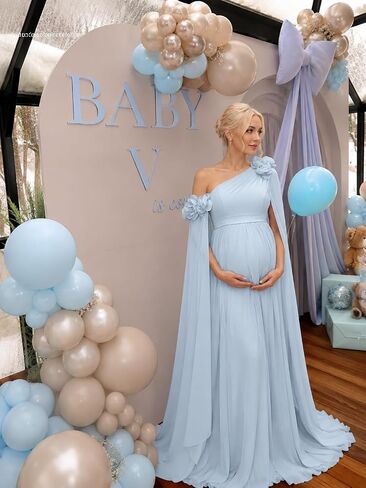 One Shoulder Baby Shower Dress Chiffon Long Maternity Wedding Dresses in Kuwait