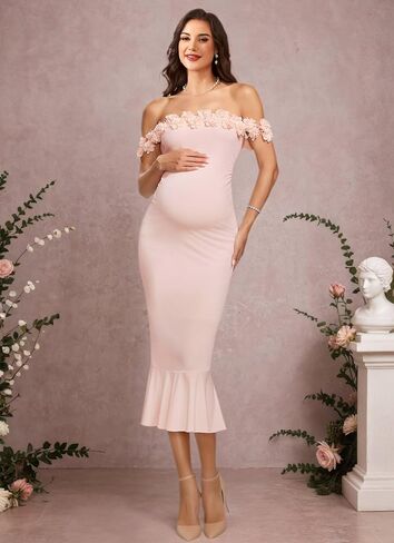 Off Shoulder Maternity Dresses with 3D Flower Ruffles Baby Shower Dress in Kuwait
