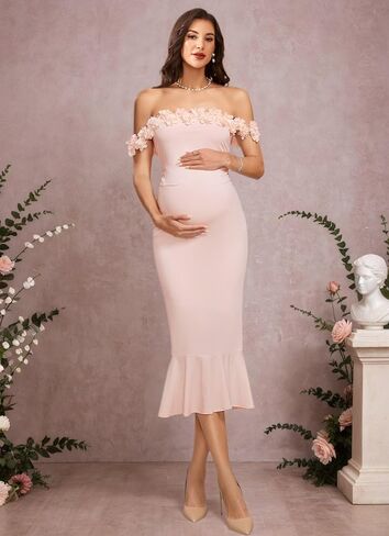 Off Shoulder Maternity Dresses with 3D Flower Ruffles Baby Shower Dress in Kuwait