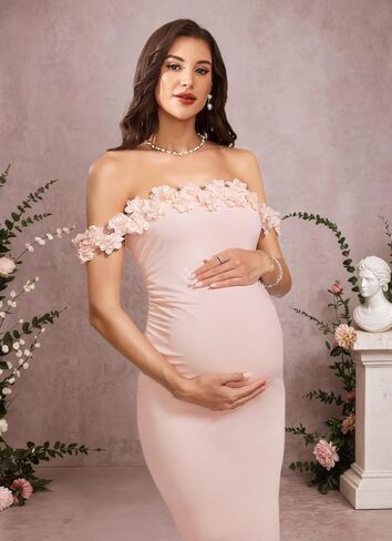 Off Shoulder Maternity Dresses with 3D Flower Ruffles Baby Shower Dress in Kuwait