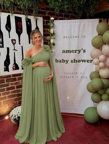 One Shoulder Maternity Photoshoot Dress Chiffon Baby Shower Pregnancy Gown in Kuwait