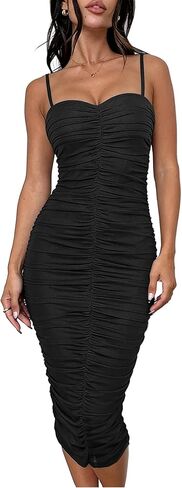 Womens Summer Sweetheart Neckline Dress 2026 Elegant Mesh Ruched Sleeveless Wedding Guest Cocktail Bodycon Dresses Black Medium in Kuwait
