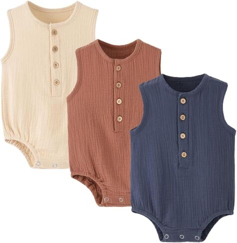 Baby Boy Romper 3 Pack Sleeveless Cotton Linen Tank Top Bodysuit | Breathable Cotton Muslin Romper,Tank Top Design,Snap Crotch,Neutral Newborn Summer Clothes,Infant One Piece Outfits,0-18M in Kuwait