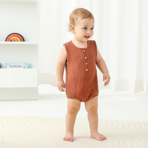 Baby Boy Romper 3 Pack Sleeveless Cotton Linen Tank Top Bodysuit | Breathable Cotton Muslin Romper,Tank Top Design,Snap Crotch,Neutral Newborn Summer Clothes,Infant One Piece Outfits,0-18M in Kuwait