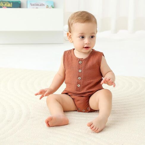 Baby Boy Romper 3 Pack Sleeveless Cotton Linen Tank Top Bodysuit | Breathable Cotton Muslin Romper,Tank Top Design,Snap Crotch,Neutral Newborn Summer Clothes,Infant One Piece Outfits,0-18M in Kuwait