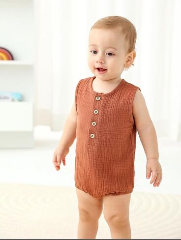 Baby Boy Romper 3 Pack Sleeveless Cotton Linen Tank Top Bodysuit | Breathable Cotton Muslin Romper,Tank Top Design,Snap Crotch,Neutral Newborn Summer Clothes,Infant One Piece Outfits,0-18M in Kuwait