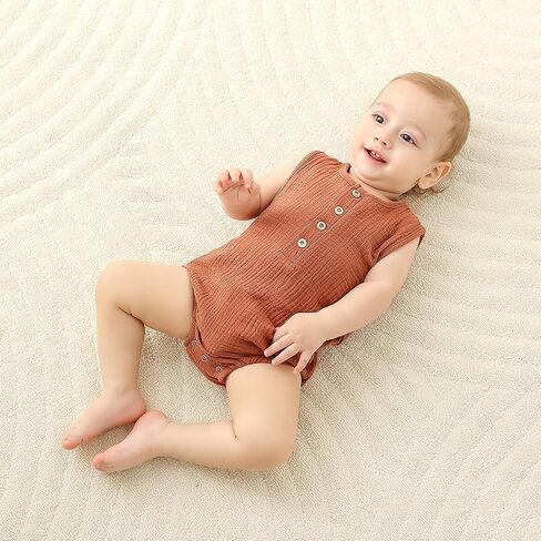 Baby Boy Romper 3 Pack Sleeveless Cotton Linen Tank Top Bodysuit | Breathable Cotton Muslin Romper,Tank Top Design,Snap Crotch,Neutral Newborn Summer Clothes,Infant One Piece Outfits,0-18M in Kuwait