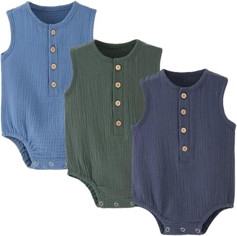 Baby Boy Romper 3 Pack Sleeveless Cotton Linen Tank Top Bodysuit | Breathable Cotton Muslin Romper,Tank Top Design,Snap Crotch,Neutral Newborn Summer Clothes,Infant One Piece Outfits,0-18M in Kuwait