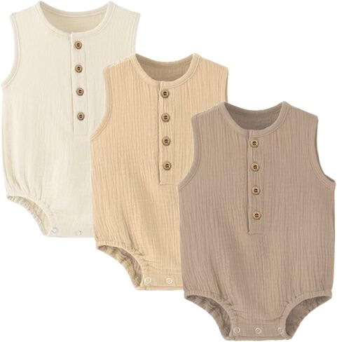 Baby Boy Romper 3 Pack Sleeveless Cotton Linen Tank Top Bodysuit | Breathable Cotton Muslin Romper,Tank Top Design,Snap Crotch,Neutral Newborn Summer Clothes,Infant One Piece Outfits,0-18M in Kuwait
