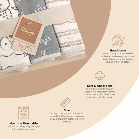 Crane Baby Muslin Baby Burp Cloths, Lightweight Absorbent Burp Cloth, Woodland Animal, Set of 3, 7" x 20", Newborn Baby Essentials, Burp Cloths Baby Boy, Burp Cloths Baby Girl, Baby Newborn Essentials in Kuwait