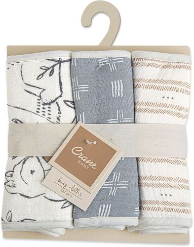 Crane Baby Muslin Baby Burp Cloths, Lightweight Absorbent Burp Cloth, Woodland Animal, Set of 3, 7" x 20", Newborn Baby Essentials, Burp Cloths Baby Boy, Burp Cloths Baby Girl, Baby Newborn Essentials in Kuwait