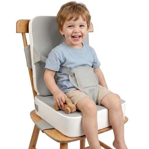 Booster Seat for Kitchen Chair for Toddlers | Toddler Booster Seat for Dining Table with Backrest & Adjustable Straps, Non-Slip Portable Travel Cushion, Gray White in Kuwait