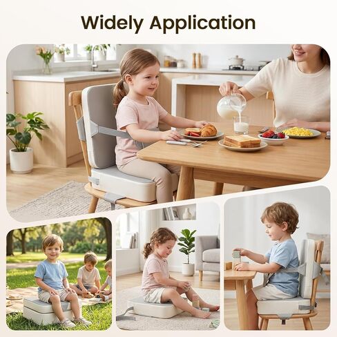 Booster Seat for Kitchen Chair for Toddlers | Toddler Booster Seat for Dining Table with Backrest & Adjustable Straps, Non-Slip Portable Travel Cushion, Gray White in Kuwait