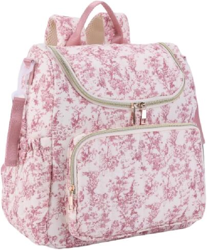 Lushandy Quilted Diaper Bag Backpack, Pink Floral Puffer Diaper Backpack Mom Bag Medium Baby Travel Hospital Bag in Kuwait