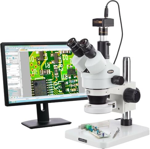 AmScope SM-1TS-144S-M Digital Professional Trinocular Stereo Zoom Microscope, WH10x Eyepieces, 7X-45X Magnification, 0.7X-4.5X Zoom Objective, 144-Bulb LED Ring Light, Pillar Stand, 110V-240V, Includes 1.3MP Camera with Reduction Lens and Software in Kuwait