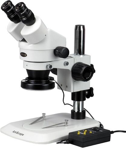 AmScope SM-1BNY-144A Professional Binocular Stereo Zoom Microscope, WH10x Eyepieces, 7X-90X Magnification, 0.7X-4.5X Zoom Objective, 144-Bulb LED Ring Light, Pillar Stand, 110V-240V, Includes 2.0x Barlow Lens in Kuwait