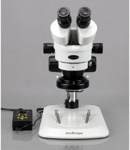 AmScope SM-1BNY-144A Professional Binocular Stereo Zoom Microscope, WH10x Eyepieces, 7X-90X Magnification, 0.7X-4.5X Zoom Objective, 144-Bulb LED Ring Light, Pillar Stand, 110V-240V, Includes 2.0x Barlow Lens in Kuwait