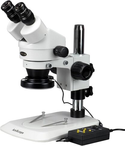 AmScope SM-1BNY-144A Professional Binocular Stereo Zoom Microscope, WH10x Eyepieces, 7X-90X Magnification, 0.7X-4.5X Zoom Objective, 144-Bulb LED Ring Light, Pillar Stand, 110V-240V, Includes 2.0x Barlow Lens in Kuwait