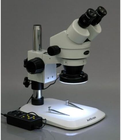 AmScope SM-1BNY-144A Professional Binocular Stereo Zoom Microscope, WH10x Eyepieces, 7X-90X Magnification, 0.7X-4.5X Zoom Objective, 144-Bulb LED Ring Light, Pillar Stand, 110V-240V, Includes 2.0x Barlow Lens in Kuwait