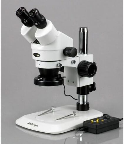 AmScope SM-1BNY-144A Professional Binocular Stereo Zoom Microscope, WH10x Eyepieces, 7X-90X Magnification, 0.7X-4.5X Zoom Objective, 144-Bulb LED Ring Light, Pillar Stand, 110V-240V, Includes 2.0x Barlow Lens in Kuwait