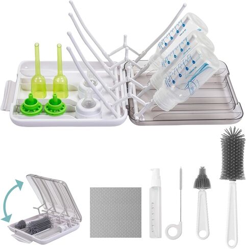 Baby Bottle Brush, 7 in 1 Travel Bottle Cleaner Kit with Soap Dispenser, Bottle Drying Rack, Dishcloths, Portable Essentials for Home and Travel-White in Kuwait