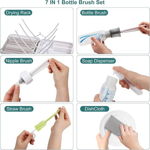 Baby Bottle Brush, 7 in 1 Travel Bottle Cleaner Kit with Soap Dispenser, Bottle Drying Rack, Dishcloths, Portable Essentials for Home and Travel-White in Kuwait