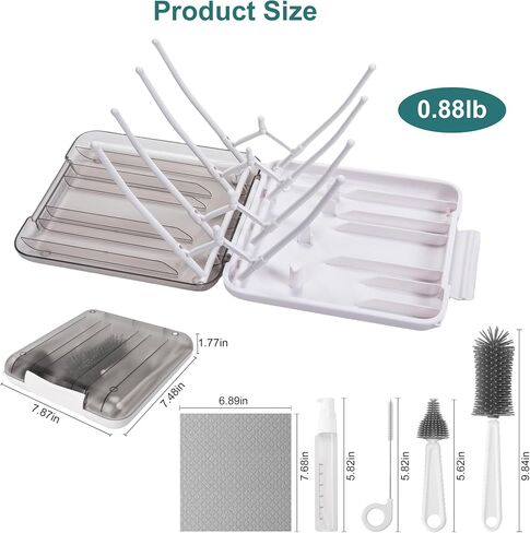 Baby Bottle Brush, 7 in 1 Travel Bottle Cleaner Kit with Soap Dispenser, Bottle Drying Rack, Dishcloths, Portable Essentials for Home and Travel-White in Kuwait