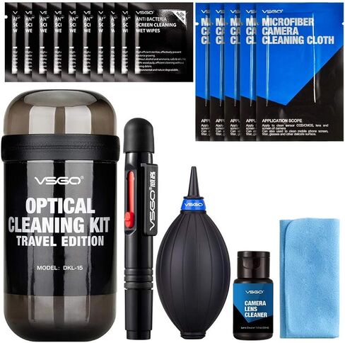 VSGO Optical Camera Lens Cleaning Kit Travel Edition | Lens Pen, Air Blower, Lens Cleaner, Screen Cleaning Cloth and Wet Wipes & Microfiber Cleaning Cloth Included, DKL-15D in Kuwait