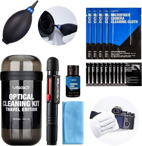 VSGO Optical Camera Lens Cleaning Kit Travel Edition | Lens Pen, Air Blower, Lens Cleaner, Screen Cleaning Cloth and Wet Wipes & Microfiber Cleaning Cloth Included, DKL-15D in Kuwait