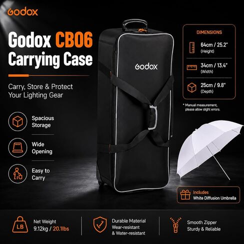 Godox CB-06 CB06 Hard Carrying Case 37" Rolling Studio Bag with Wheels and UB-008 40" 101cm Translucent White Soft Umbrella Kit for Photography Flash Strobe, Padded Gear Trunk with Dividers in Kuwait