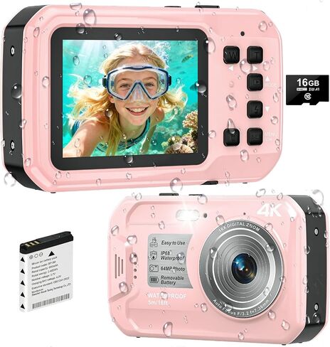 4K Underwater Camera, Autofocus Floatable Waterproof Camera with IPS HD Screen, 64MP 16FT Waterproof Digital Camera with 16GB Card, in Kuwait