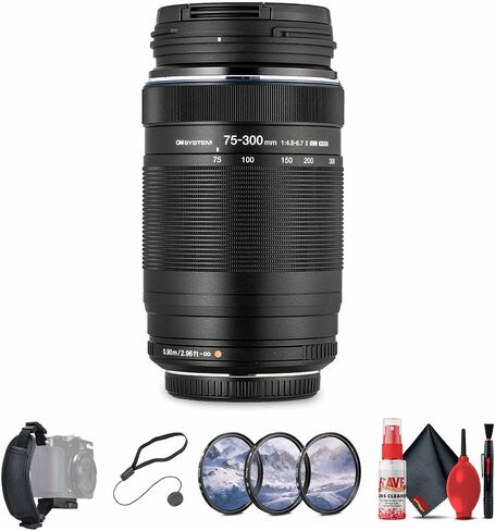 OM SYSTEM M.Zuiko Digital ED 75-300mm f/4.8-6.7 II Lens Bundle Including: 3-Piece Filter Kit, Hand Strap, Cap Keeper, Cleaning Kit in Kuwait