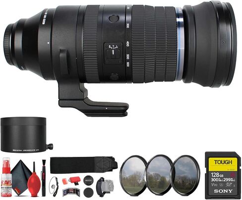 Olympus OM System M.Zuiko Digital ED 150-600mm f/5-6.3 is Lens (MFT) Bundle Including: 128 GB Memory Card, Card Reader, 3-Piece Filter Kit, Cleaning Kit, Hand Strap, Storage Wallet, Cap Keeper in Kuwait